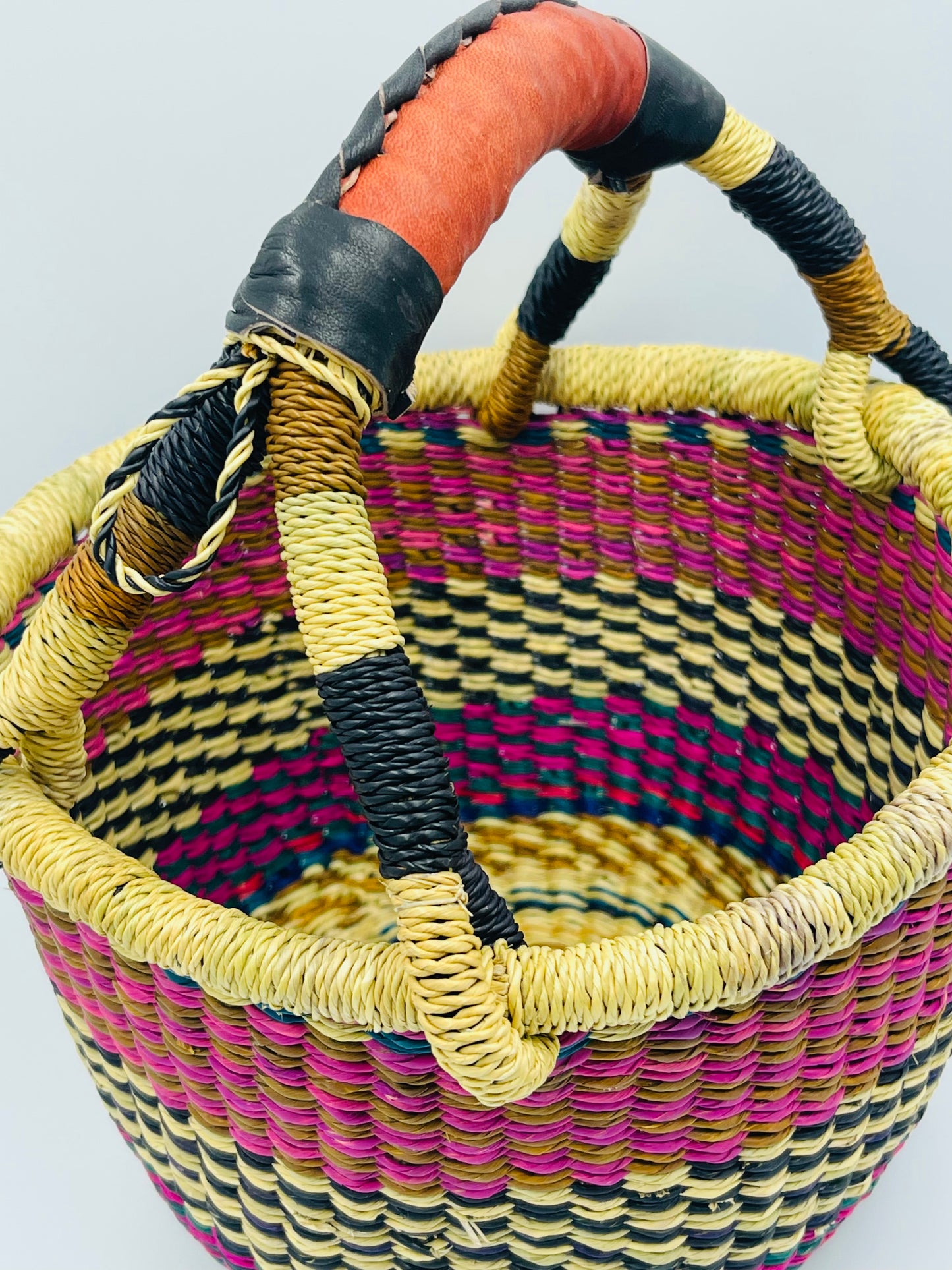 Small African Round Basket/Bolga Basket/Ghana Basket/Pink/Purple