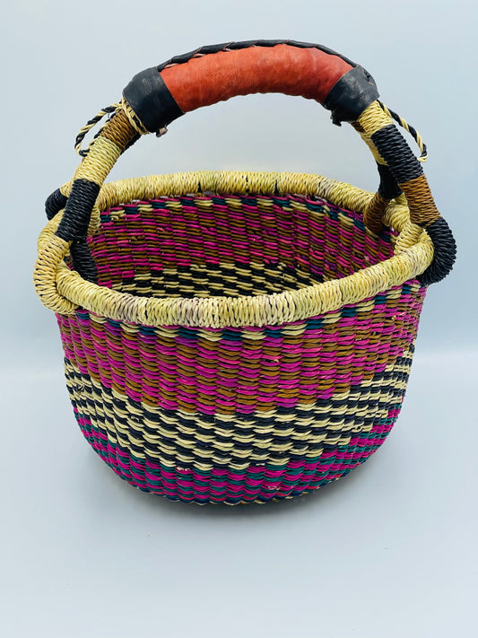 Small African Round Basket/Bolga Basket/Ghana Basket/Pink/Purple